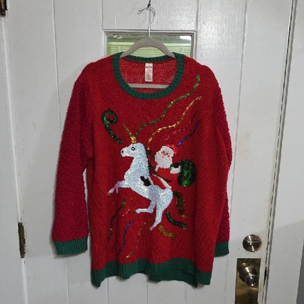 Holiday Time Womens Ugly Christmas Party Sweater Santa Riding Unicorn Sz 2X GUC